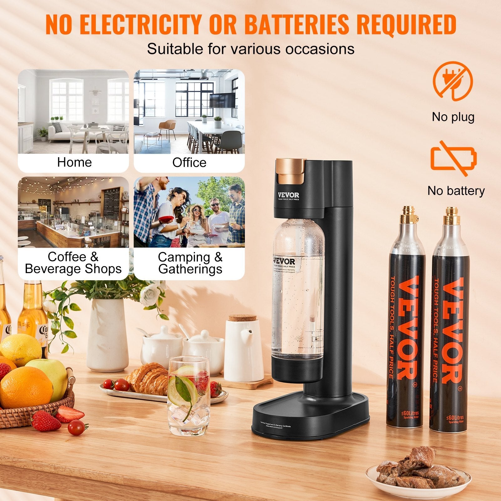 VEVOR Sparkling Water Maker, Soda Maker Machine for Home Carbonating, Seltzer Water Starter Kit with BPA-free 1L PET Bottle, 2 CO2 Cylinders, Compatible with Mainstream Screw-in 60L CO2 Cylinder 