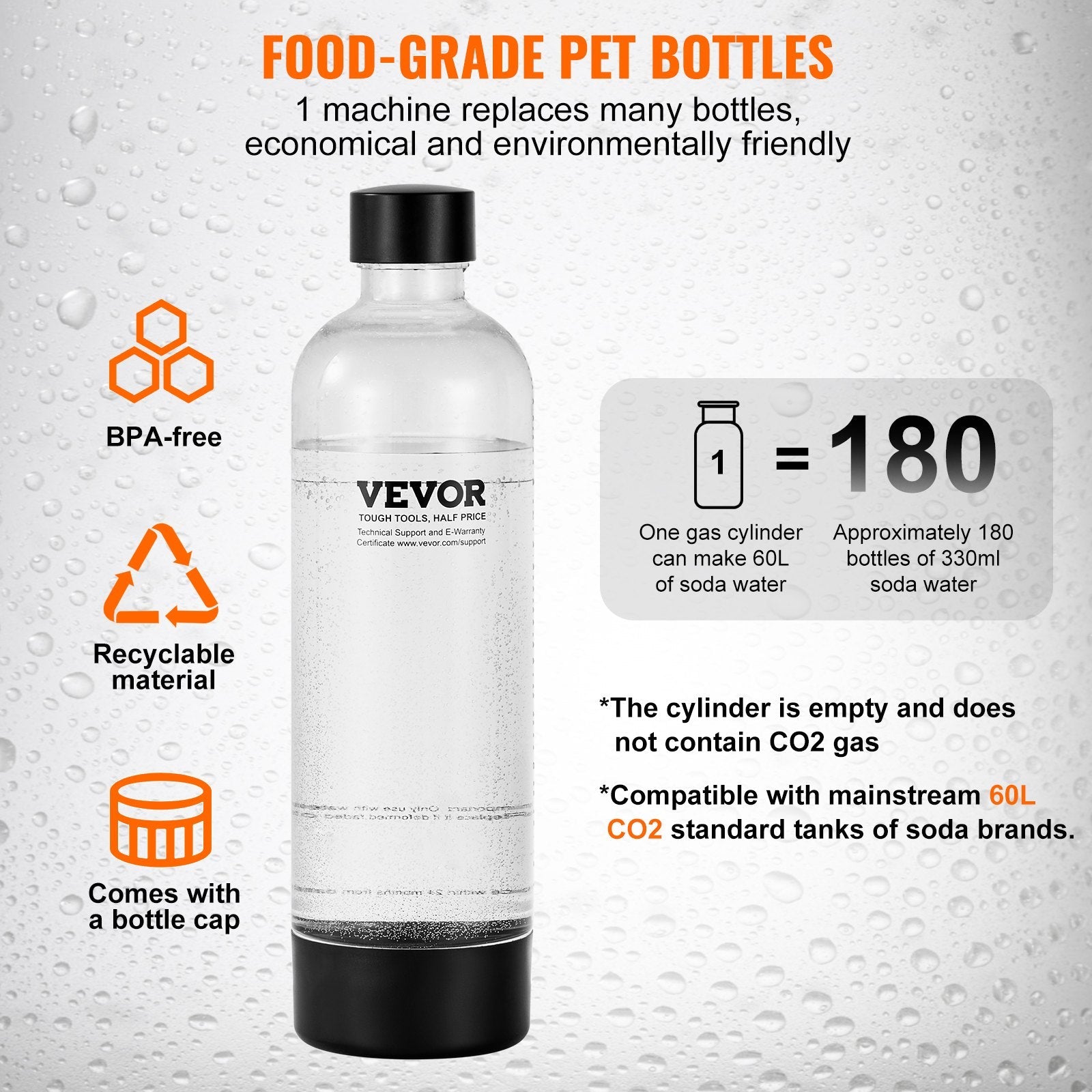 VEVOR Sparkling Water Maker, Soda Maker Machine for Home Carbonating, Seltzer Water Starter Kit with 2 BPA-free 1L PET Bottles, CO2 Cylinder, Compatible with Mainstream Screw-in 60L CO2 Cylinder 