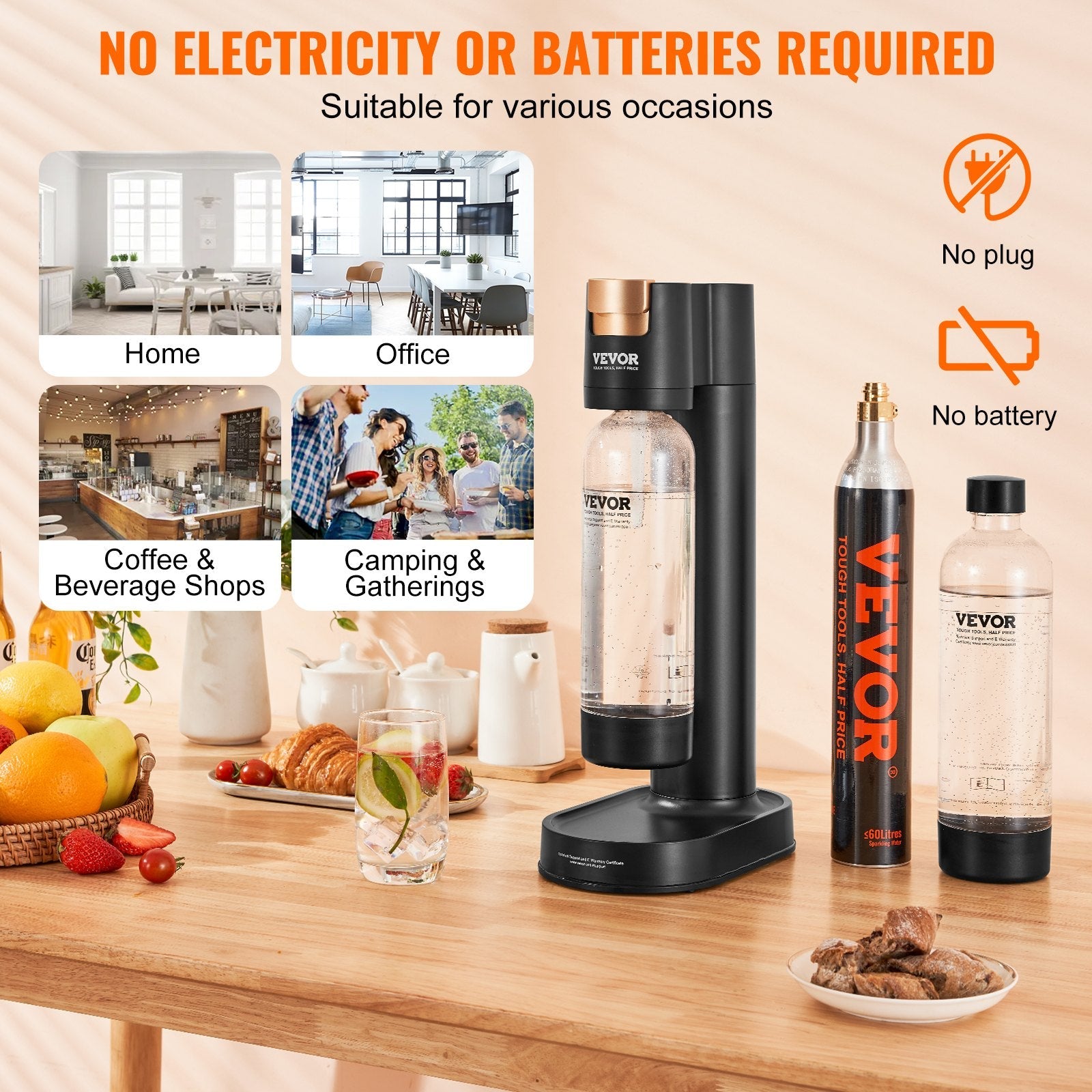 VEVOR Sparkling Water Maker, Soda Maker Machine for Home Carbonating, Seltzer Water Starter Kit with 2 BPA-free 1L PET Bottles, CO2 Cylinder, Compatible with Mainstream Screw-in 60L CO2 Cylinder 