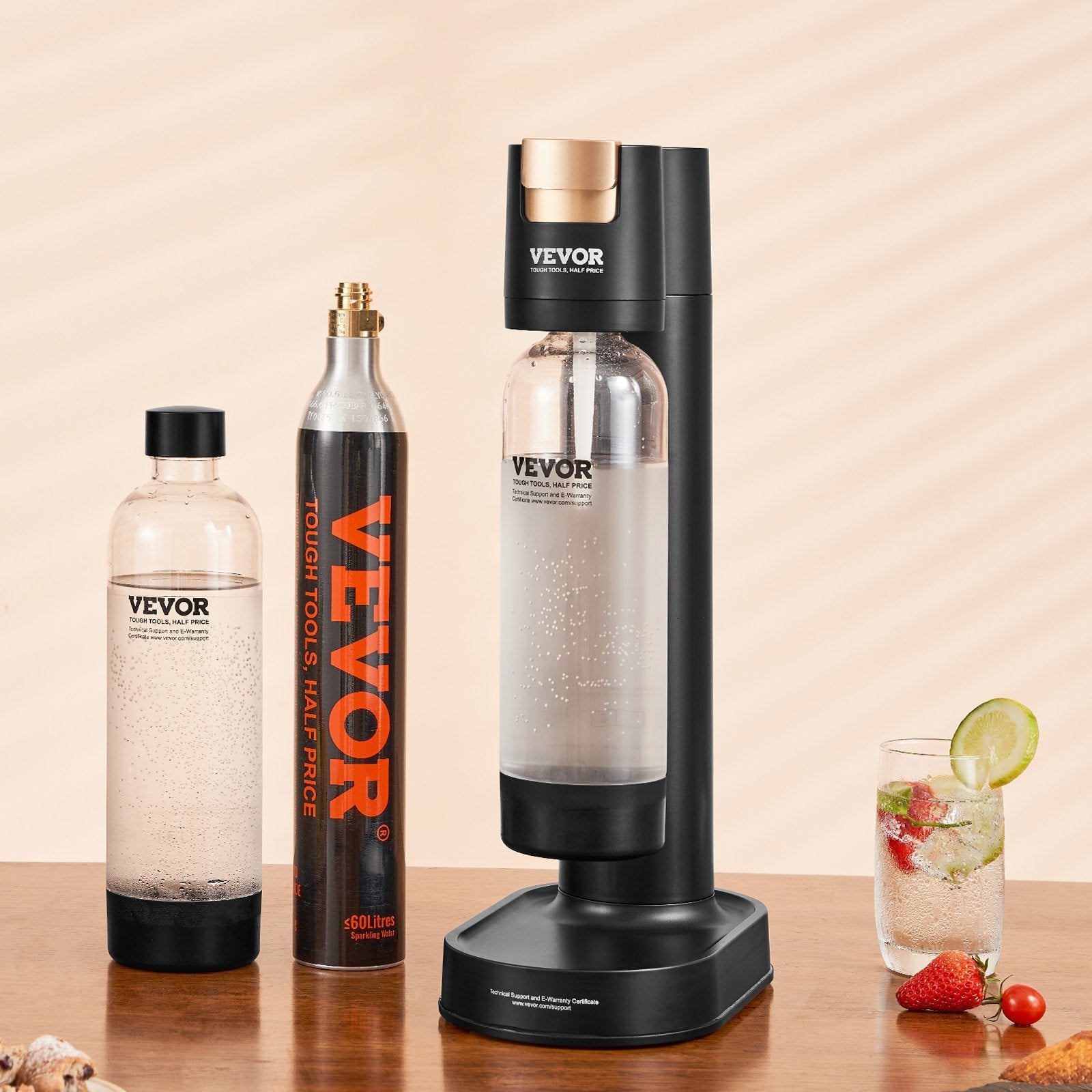 VEVOR Sparkling Water Maker, Soda Maker Machine for Home Carbonating, Seltzer Water Starter Kit with 2 BPA-free 1L PET Bottles, CO2 Cylinder, Compatible with Mainstream Screw-in 60L CO2 Cylinder 