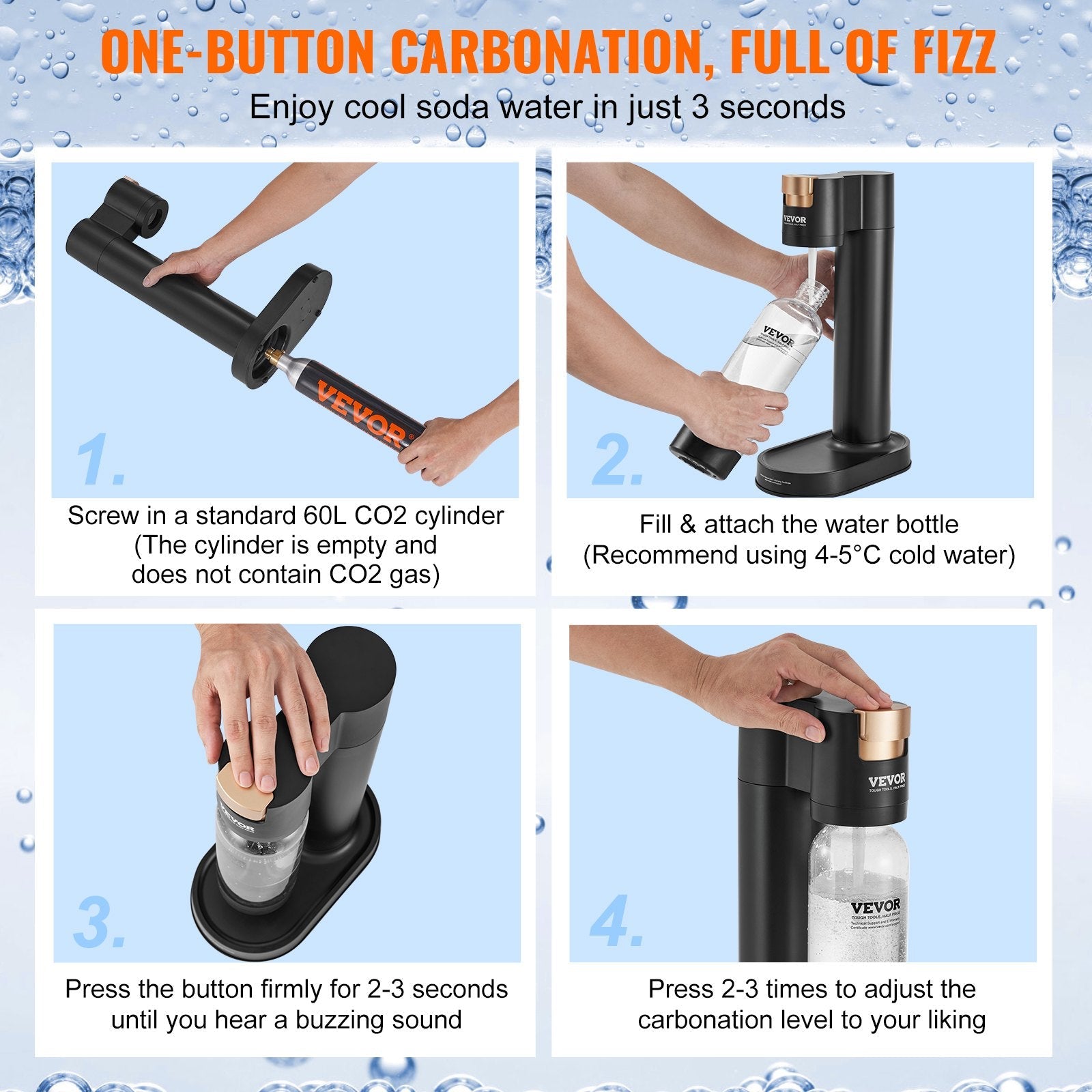 VEVOR Sparkling Water Maker, Soda Maker Machine for Home Carbonating, Seltzer Water Starter Kit with 2 BPA-free 1L PET Bottles, 2 CO2 Cylinders, Compatible with Mainstream Screw-in 60L CO2 Cylinder 