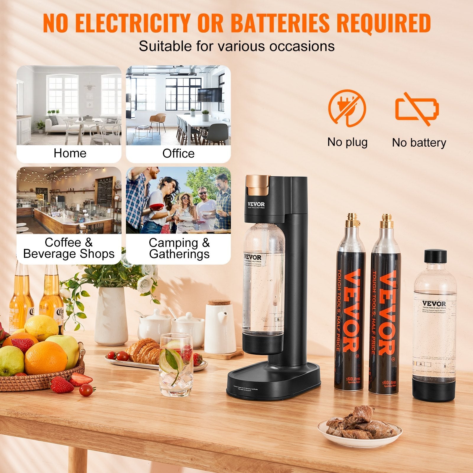VEVOR Sparkling Water Maker, Soda Maker Machine for Home Carbonating, Seltzer Water Starter Kit with 2 BPA-free 1L PET Bottles, 2 CO2 Cylinders, Compatible with Mainstream Screw-in 60L CO2 Cylinder 