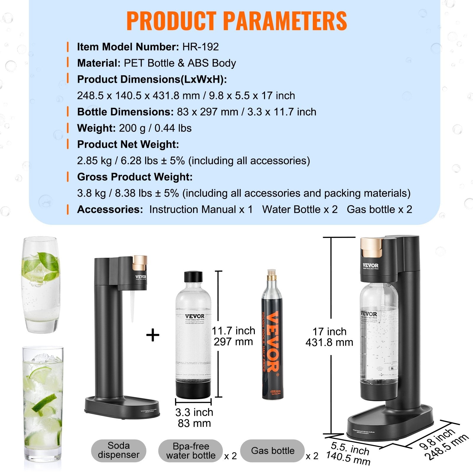 VEVOR Sparkling Water Maker, Soda Maker Machine for Home Carbonating, Seltzer Water Starter Kit with 2 BPA-free 1L PET Bottles, 2 CO2 Cylinders, Compatible with Mainstream Screw-in 60L CO2 Cylinder 