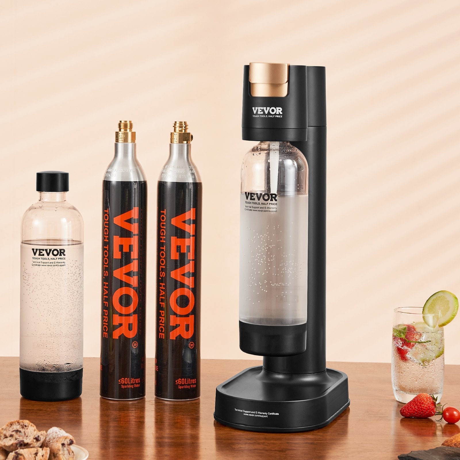 VEVOR Sparkling Water Maker, Soda Maker Machine for Home Carbonating, Seltzer Water Starter Kit with 2 BPA-free 1L PET Bottles, 2 CO2 Cylinders, Compatible with Mainstream Screw-in 60L CO2 Cylinder 