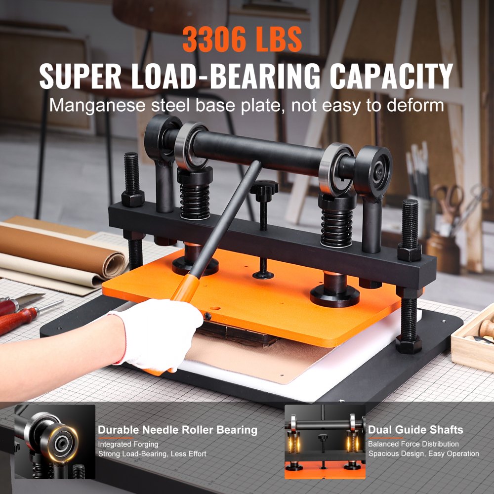 VEVOR Leather Cutting Machine, 14.2 x 10.2 in Embossing Plate Manual Die Cutter, 0.47 in Pressure Stroke Leather Embossing Machine, Dual Guide Shafts Die Cut Machine for Various of Materials 
