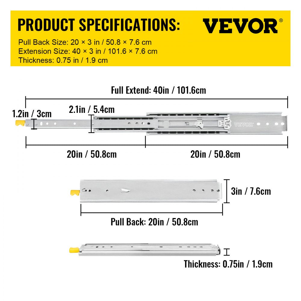 VEVOR Drawer Slides with Lock, 1 Pair 20 inch, Heavy-Duty Industrial Steel up to 500 lbs Capacity, 3-Fold Full Extension, Ball Bearing Lock-in & Lock-Out, Side Mount 