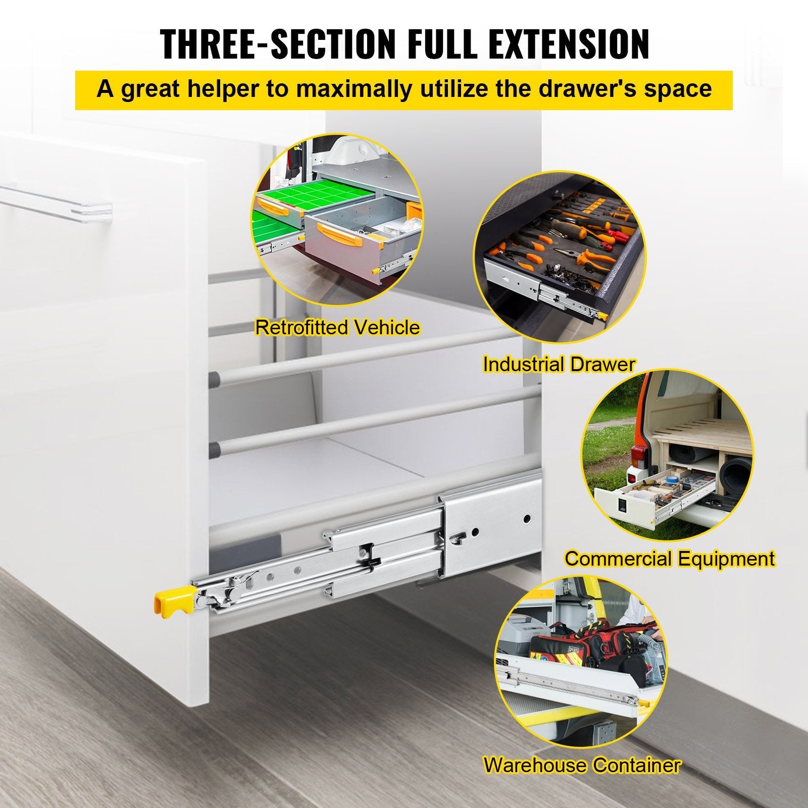 VEVOR Drawer Slides with Lock, 1 Pair 34 inch, Heavy-duty Industrial Steel up to 500 lbs Capacity, 3-Fold Full Extension, Ball Bearing Lock-in & Lock-Out, Side Mount 