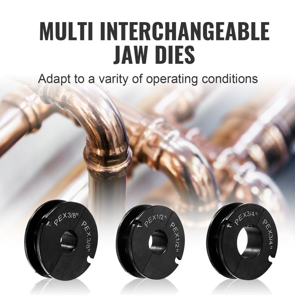 VEVOR PEX Pipe Crimping Tool Kit, Pro Press Crimper for 3/8", 1/2", 3/4" Crimp Rings, with 3 Jaw Dies, PEX Tubing Cutter, Go/No-Go Gauge, Copper Ring Removal Tool, Meets ASTM F1807 Standards 