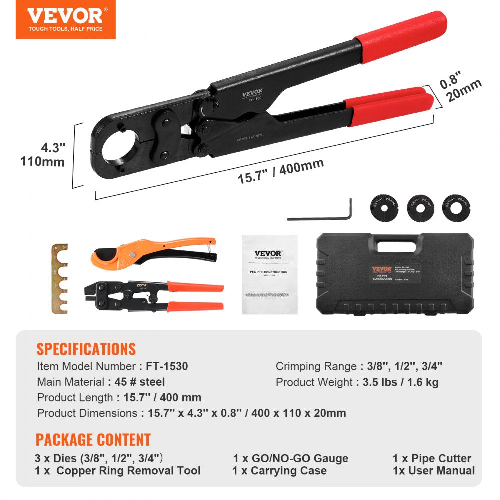 VEVOR PEX Pipe Crimping Tool Kit, Pro Press Crimper for 3/8", 1/2", 3/4" Crimp Rings, with 3 Jaw Dies, PEX Tubing Cutter, Go/No-Go Gauge, Copper Ring Removal Tool, Meets ASTM F1807 Standards 