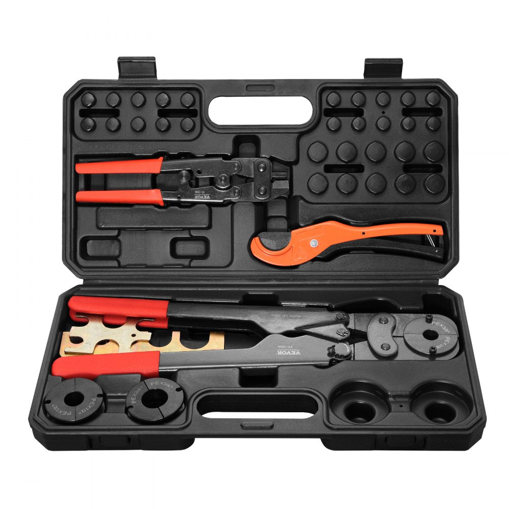 VEVOR PEX Pipe Crimping Tool Kit, Pro Press Crimper for 3/8", 1/2", 3/4" Crimp Rings, with 3 Jaw Dies, PEX Tubing Cutter, Go/No-Go Gauge, Copper Ring Removal Tool, Meets ASTM F1807 Standards 