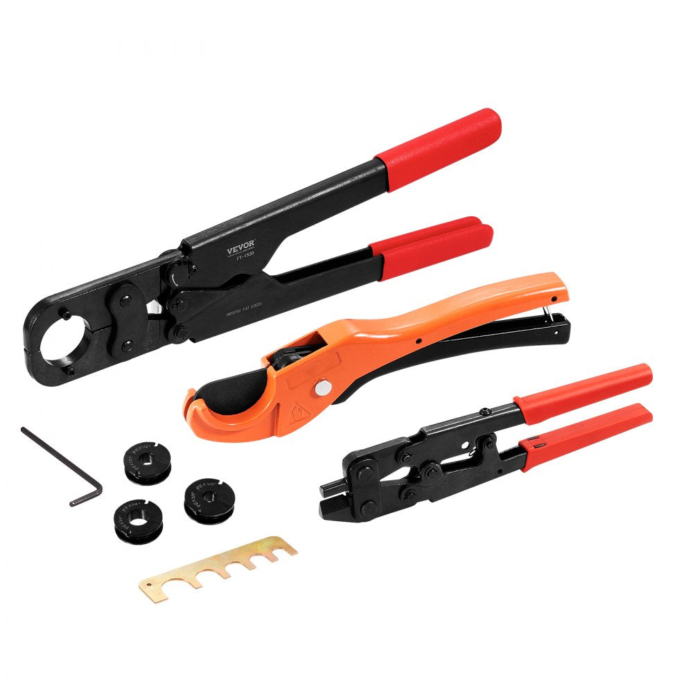 VEVOR PEX Pipe Crimping Tool Kit, Pro Press Crimper for 3/8", 1/2", 3/4" Crimp Rings, with 3 Jaw Dies, PEX Tubing Cutter, Go/No-Go Gauge, Copper Ring Removal Tool, Meets ASTM F1807 Standards 