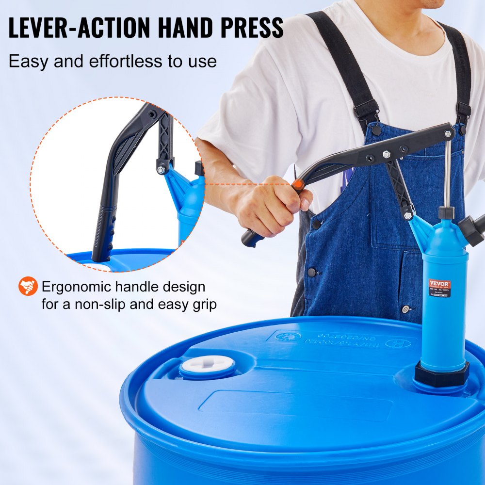 VEVOR Drum Pump, 9.5 oz. Per Stroke, Lever-Action Barrel Pump, Fits 5-55 Gallon Drums with 3-Section Suction Tube Assembly & Hose, Hand Operated, Designed to Transfer Water, Alcohol, Corrosive Liquids 