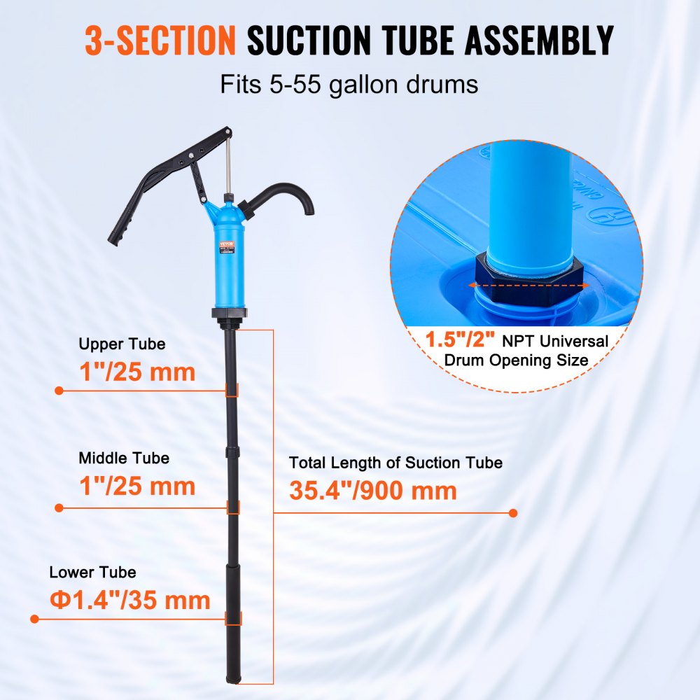 VEVOR Drum Pump, 9.5 oz. Per Stroke, Lever-Action Barrel Pump, Fits 5-55 Gallon Drums with 3-Section Suction Tube Assembly & Hose, Hand Operated, Designed to Transfer Water, Alcohol, Corrosive Liquids 