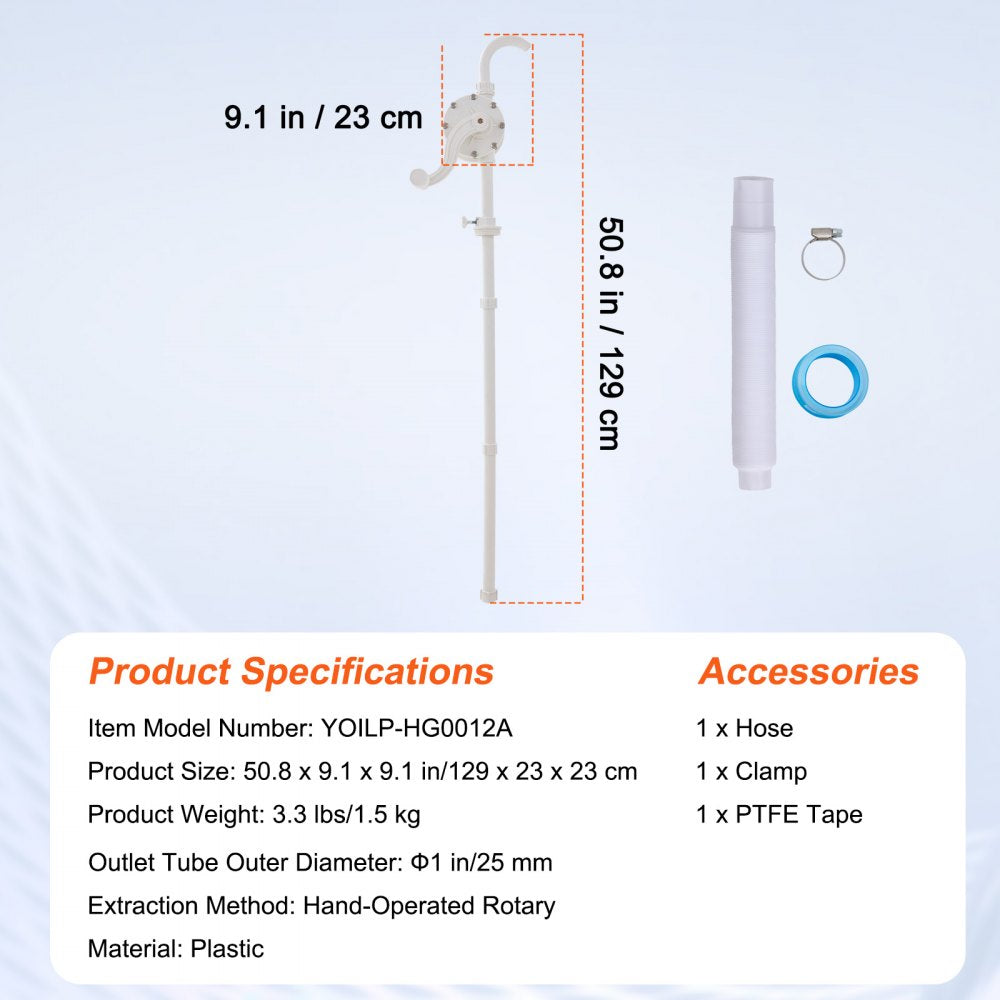 VEVOR Drum Pump, 6.5 GPM Flow, Rotary Barrel Pump Hand Crank, Fits 5 to 55 Gallon Drums with 3-Section Suction Tube Assembly and Hose, Designed for Fast Transfer of Water, Alcohol, Corrosive Liquids 