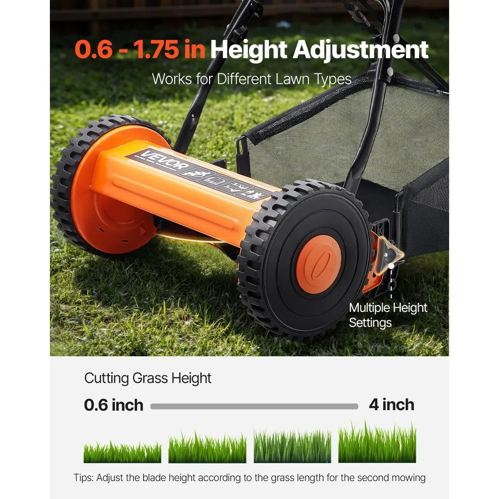 Manual Push Reel Lawn Mower with Grass Catcher Bag, 5-Blade Walk-Behind Mower, 14 in or 18 in