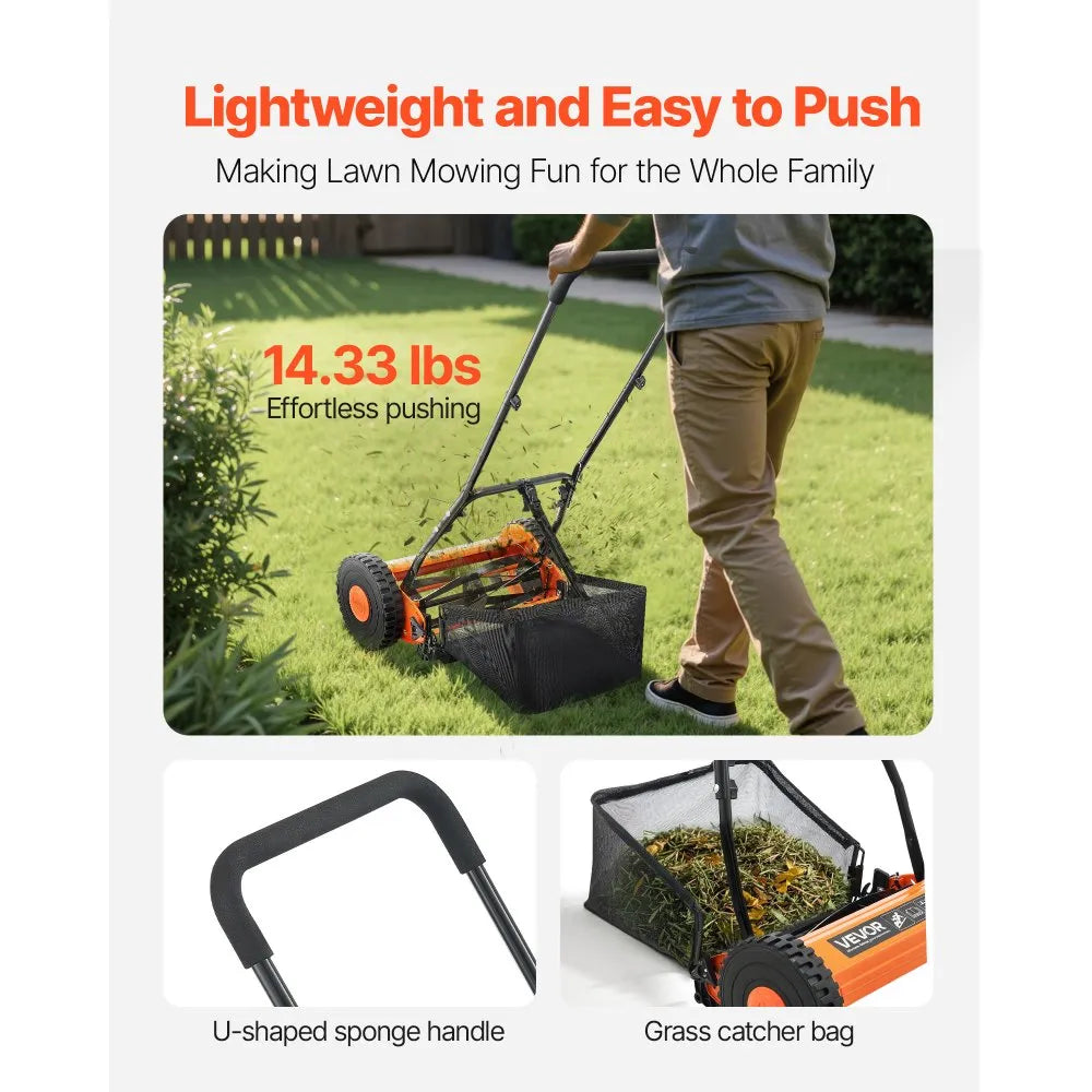 Manual Push Reel Lawn Mower with Grass Catcher Bag, 5-Blade Walk-Behind Mower, 14 in or 18 in