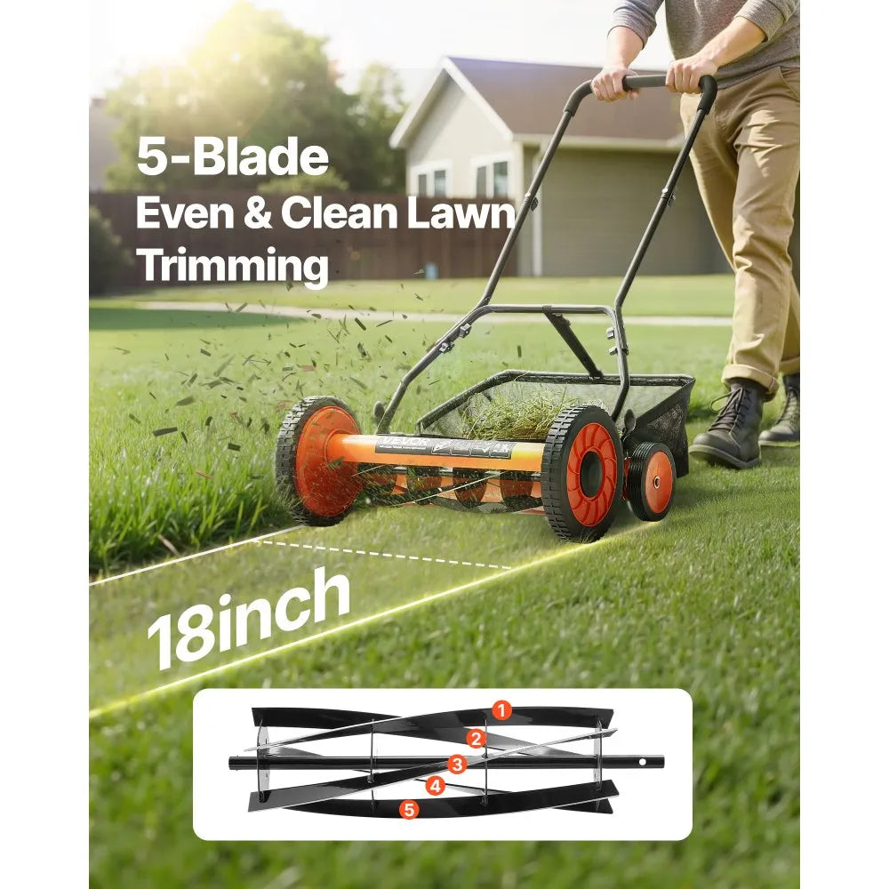 Manual Push Reel Lawn Mower with Grass Catcher Bag, 5-Blade Walk-Behind Mower, 14 in or 18 in