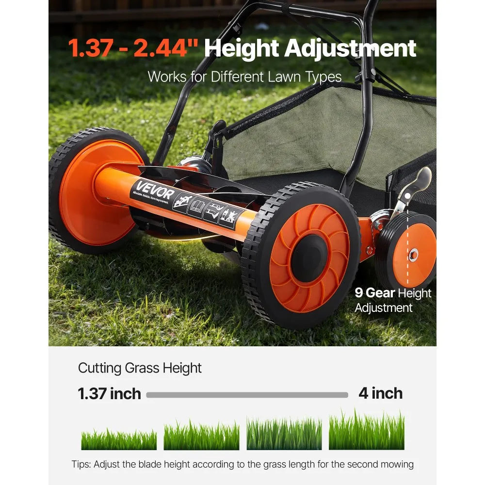 Manual Push Reel Lawn Mower with Grass Catcher Bag, 5-Blade Walk-Behind Mower, 14 in or 18 in
