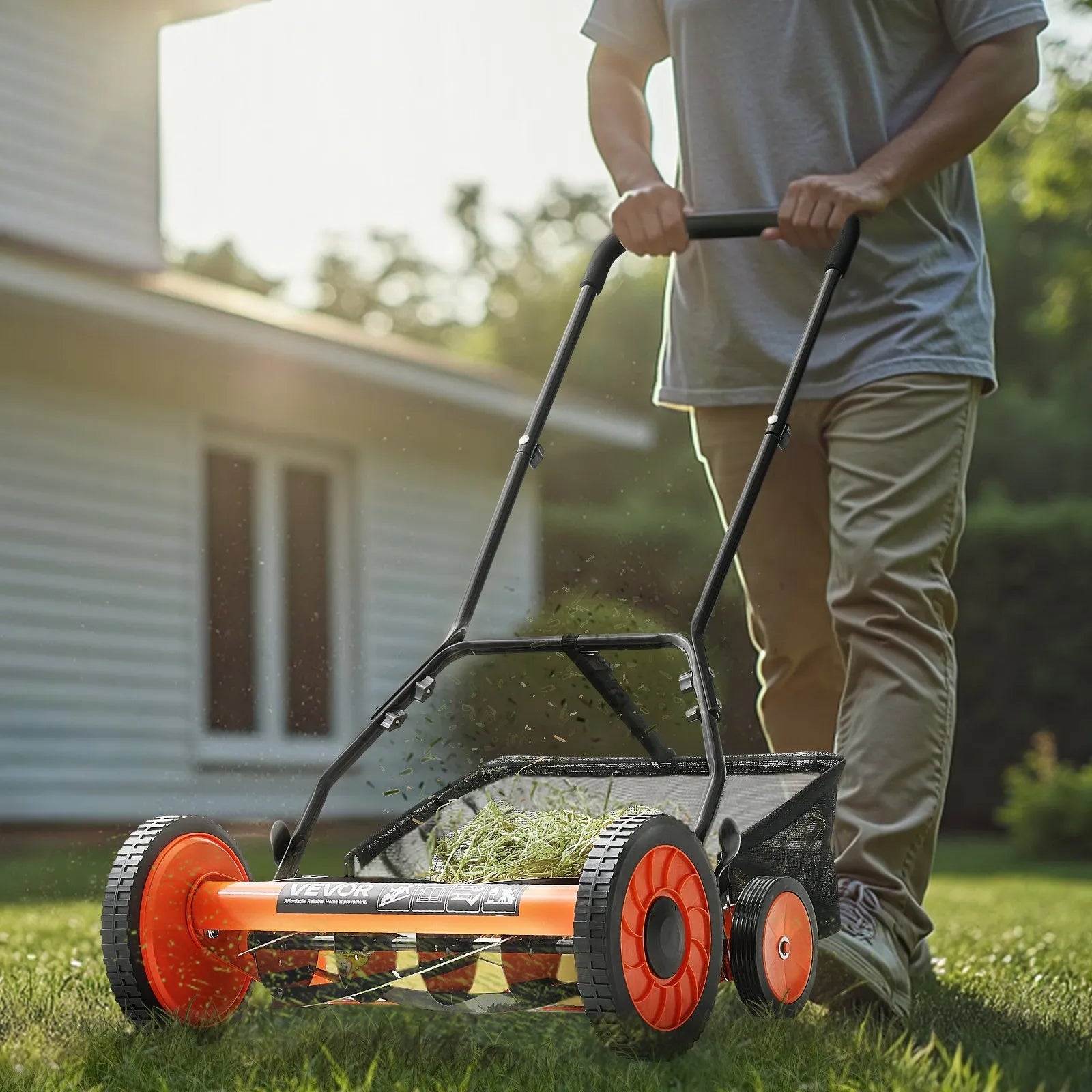 Manual Push Reel Lawn Mower with Grass Catcher Bag, 5-Blade Walk-Behind Mower, 14 in or 18 in