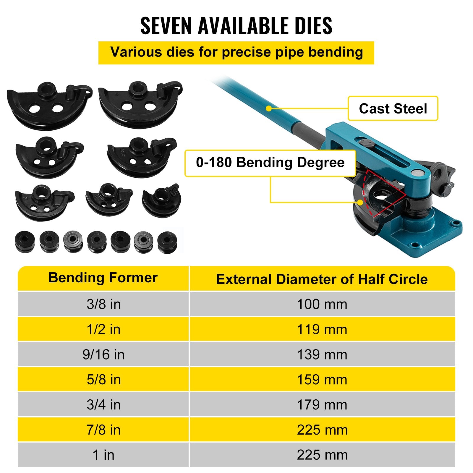 VEVOR Pipe Tube Bender 3/8" to 1", Manual Tube Bender with 7 Dies, Heavy Duty Tube Bender Tubing of Steel Metal Copper Ideal for Repair Shops 