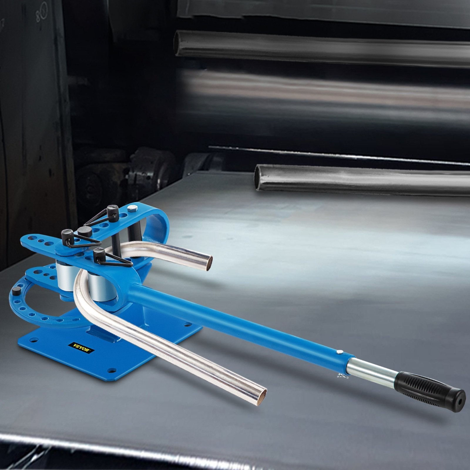 VEVOR YP-9 Manual Bench Top Compact Bender Pipe Bending Machine 7 Dies 1-3inch Metal Fabrication Tube Rod Pipe Bender 44ft Mount Powdercoat Telescoping Handle Maximum 5/8 Thick 1-15/16inch Width 