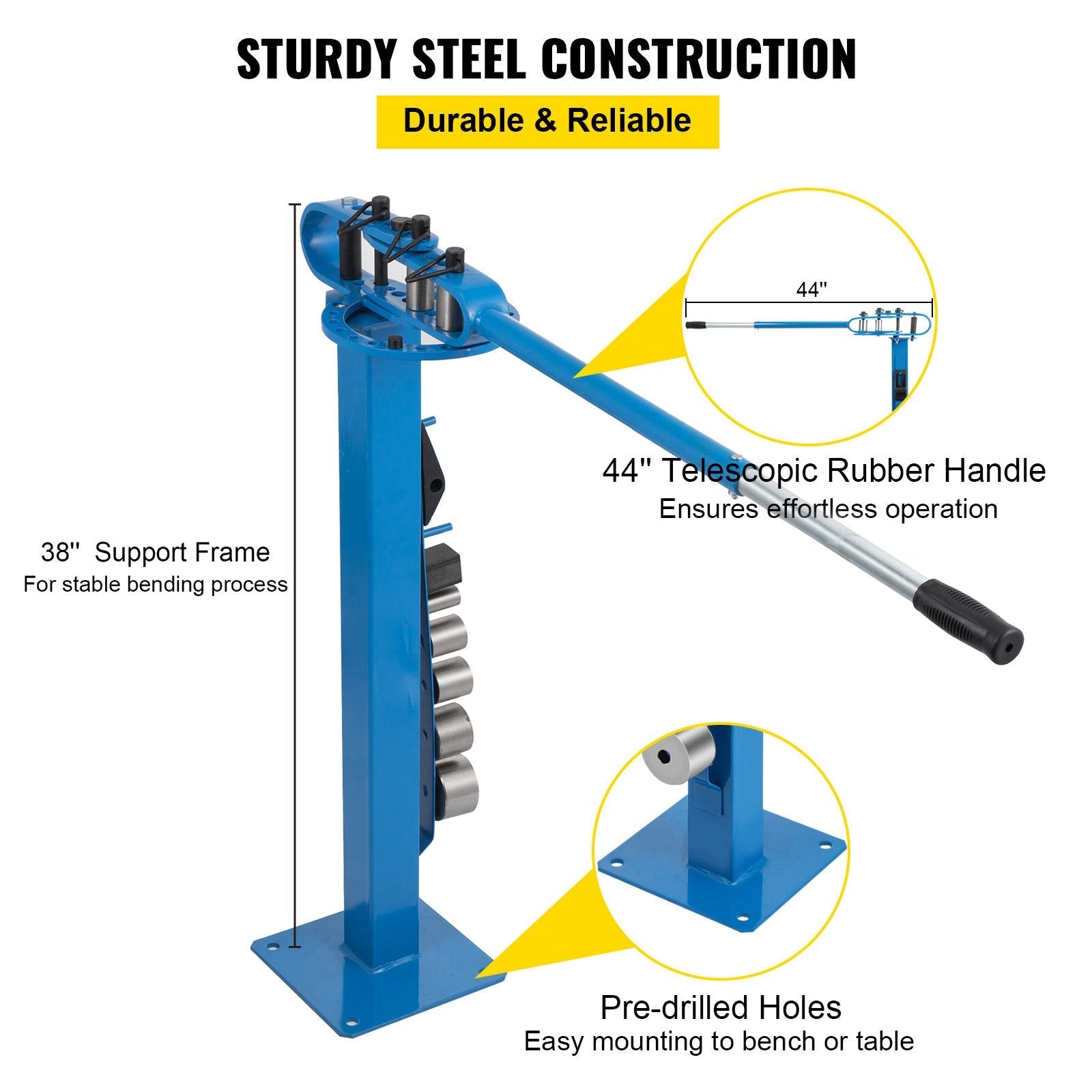 VEVOR YP 38 Pedestal Floor Compact Bender 7 Dies Versatile Compact Metal Tubing Bender 44' Mount Powdercoat Telescoping Handle Maximum 5/8" Thick 1-15/16" Width 