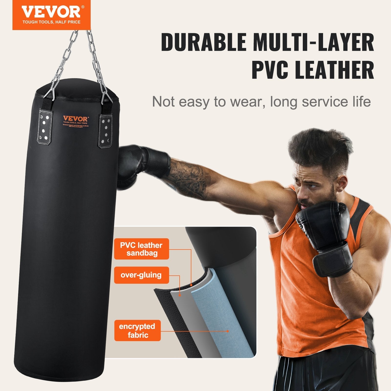 VEVOR Punching Bag for Adults, 4ft PVC Heavy Boxing Bag Set, Punching Bag with Chains and Gloves, Hanging Boxing Bag for MMA Karate Judo, Muay Thai Kickboxing Boxing, Home Gym Training, (Unfilled) 