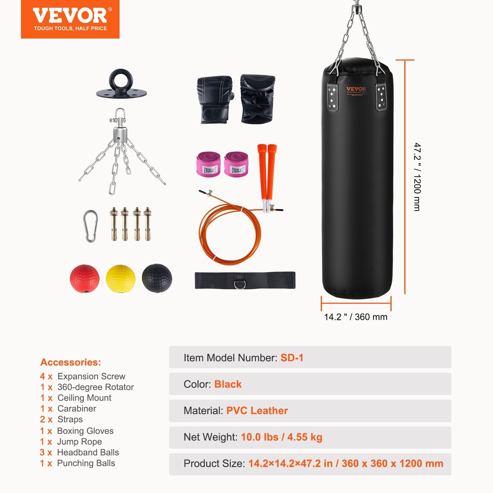 VEVOR Punching Bag for Adults, 4ft PVC Heavy Boxing Bag Set, Punching Bag with Chains and Gloves, Hanging Boxing Bag for MMA Karate Judo, Muay Thai Kickboxing Boxing, Home Gym Training, (Unfilled) 