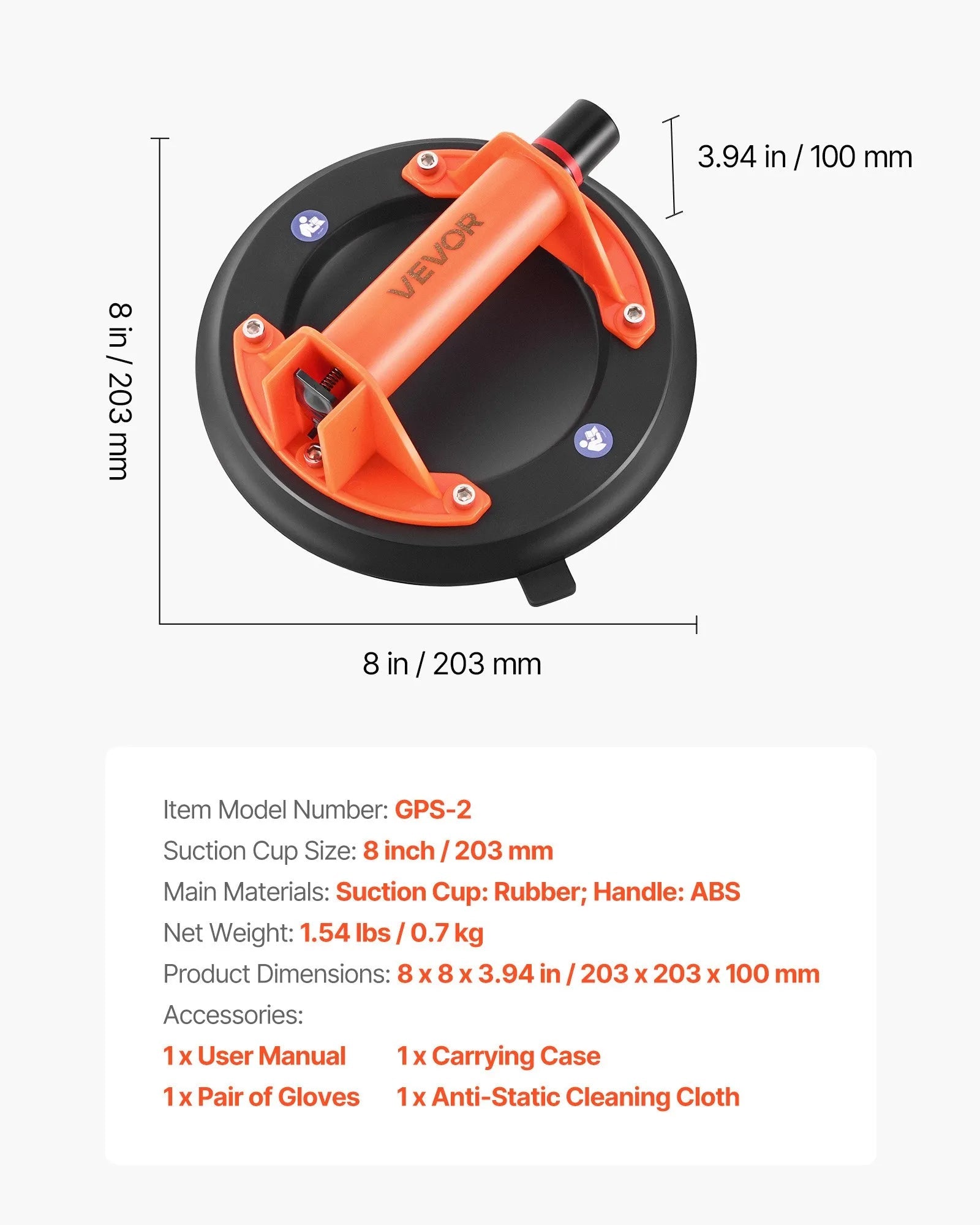 VEVOR Vacuum Suction Cup, 8-Inch Vacuum Glass Lifter with ABS Handle, 400 lbs Max Lifting Capacity Tile Suction Cup Tool with Carrying Case for Lifting Large Tile, Granite, Drywall, Windows (1-Pack) 
