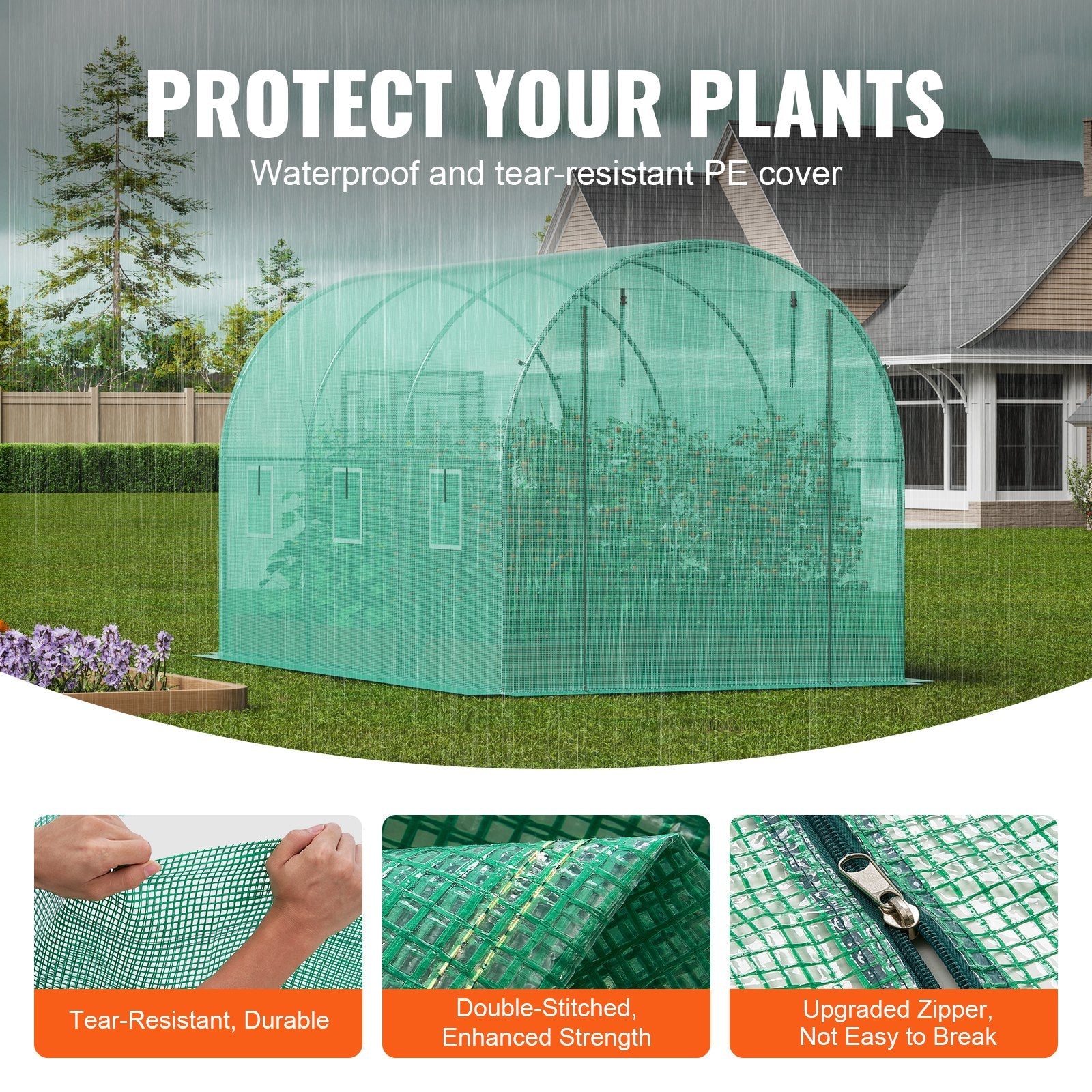 VEVOR Walk-in Tunnel Greenhouse 11.32x6.4x6.3ft Galvanized Frame PE Cover Green 