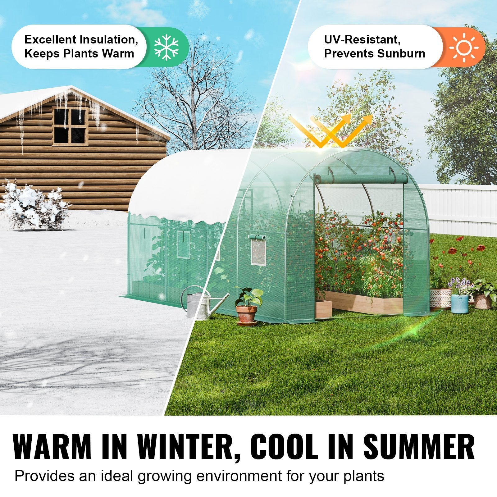 VEVOR Walk-in Tunnel Greenhouse 11.32x6.4x6.3ft Galvanized Frame PE Cover Green 