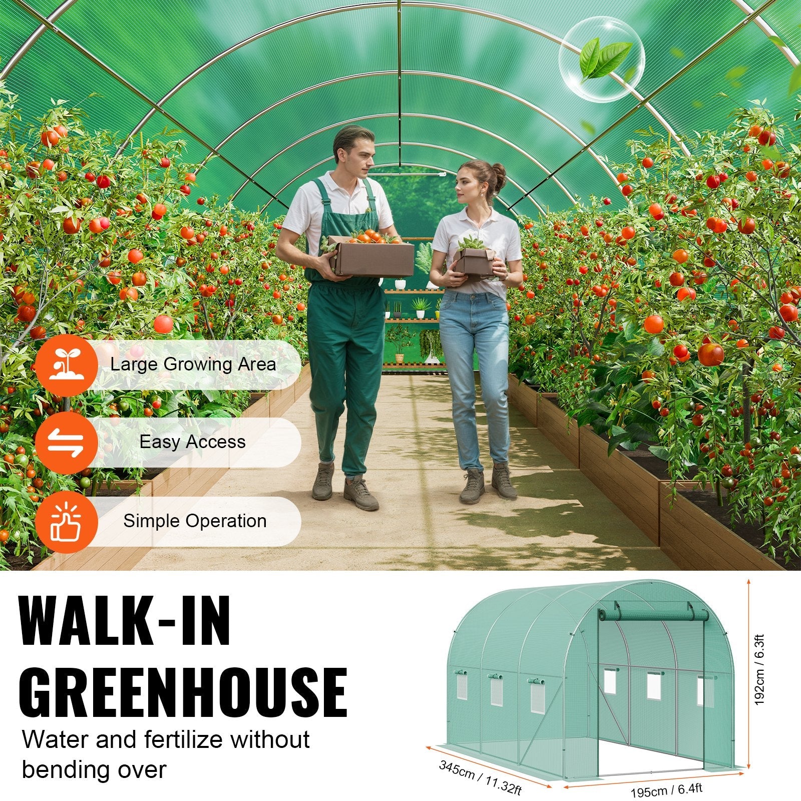 VEVOR Walk-in Tunnel Greenhouse 11.32x6.4x6.3ft Galvanized Frame PE Cover Green 