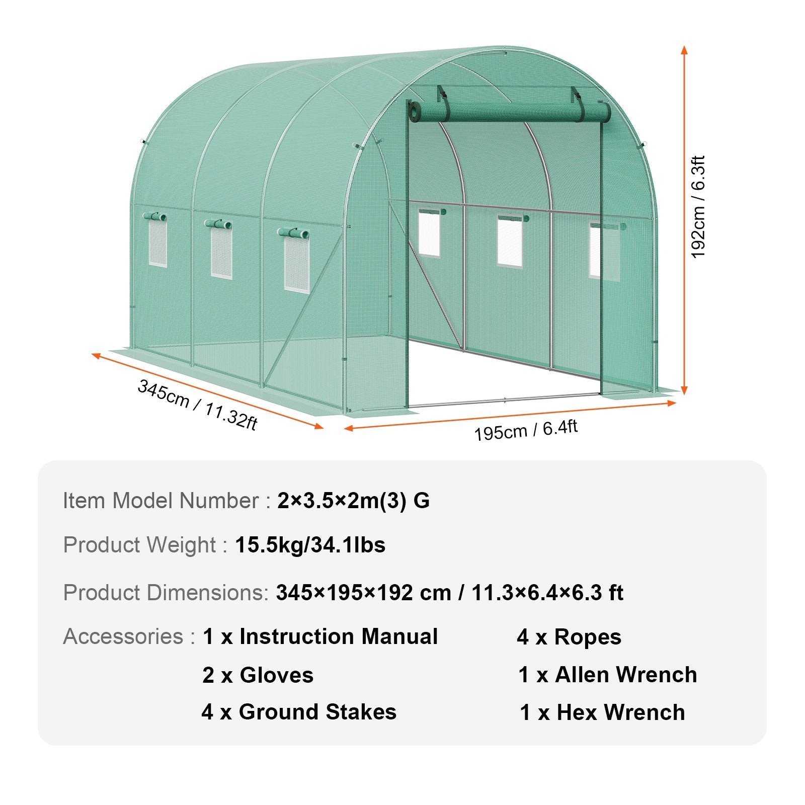 VEVOR Walk-in Tunnel Greenhouse 11.32x6.4x6.3ft Galvanized Frame PE Cover Green 