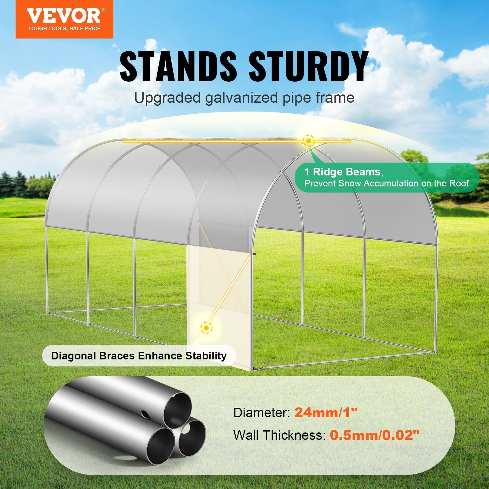 VEVOR Walk-in Tunnel Greenhouse 14.6x6.36x6.3ft Galvanized Frame PE Cover White 