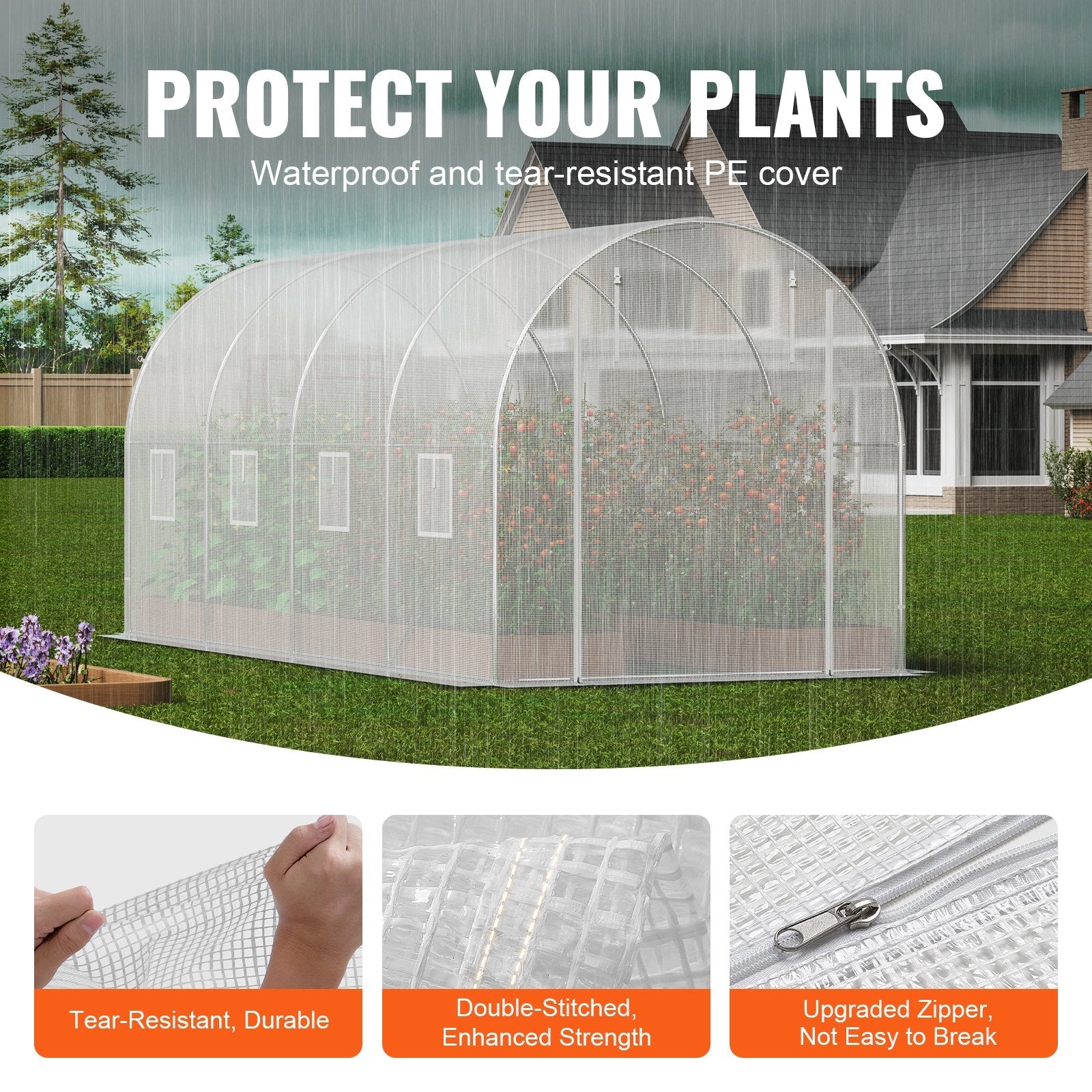 VEVOR Walk-in Tunnel Greenhouse 14.6x6.36x6.3ft Galvanized Frame PE Cover White 