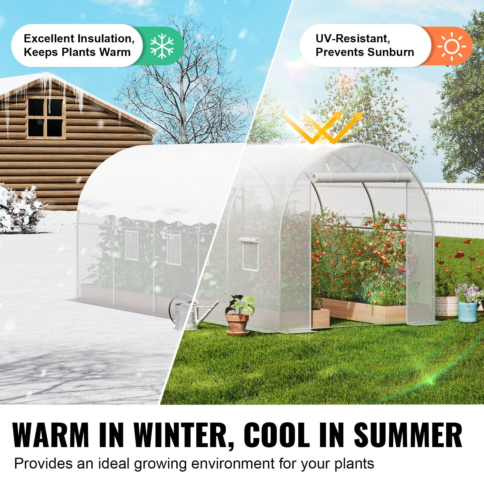 VEVOR Walk-in Tunnel Greenhouse 14.6x6.36x6.3ft Galvanized Frame PE Cover White 