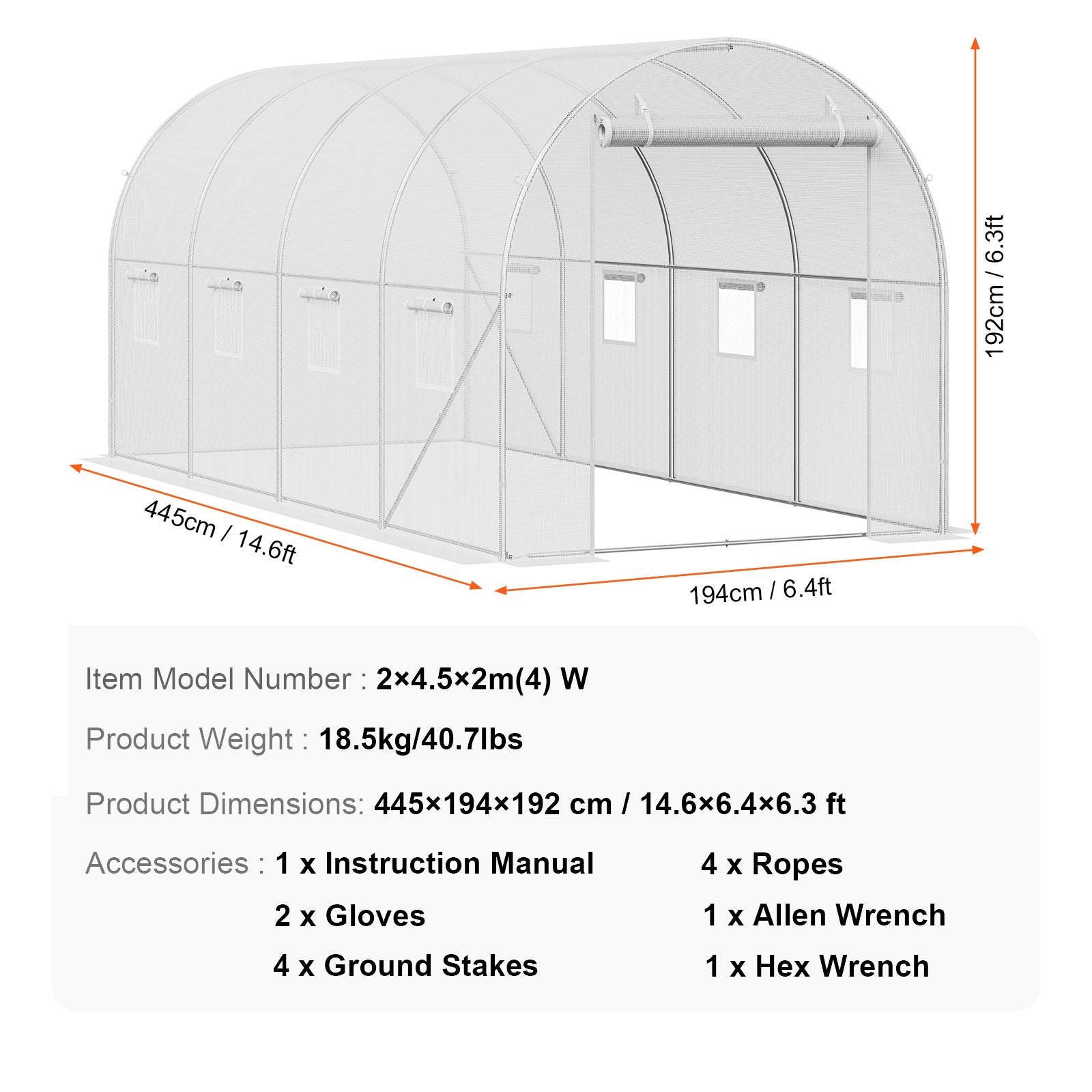 VEVOR Walk-in Tunnel Greenhouse 14.6x6.36x6.3ft Galvanized Frame PE Cover White 