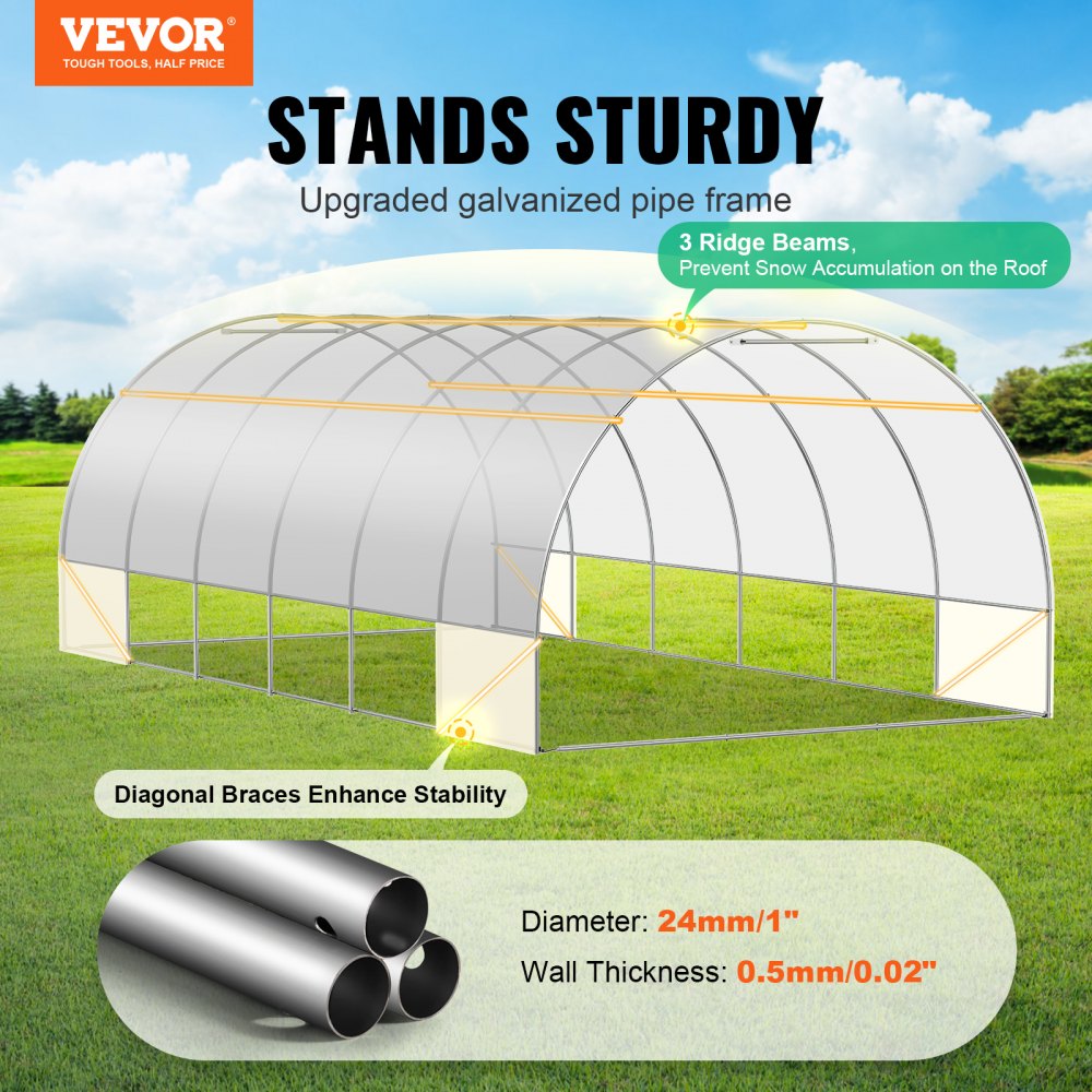 VEVOR Walk-in Tunnel Greenhouse 19.36x9.68x6.5ft Galvanized Frame PE Cover White 