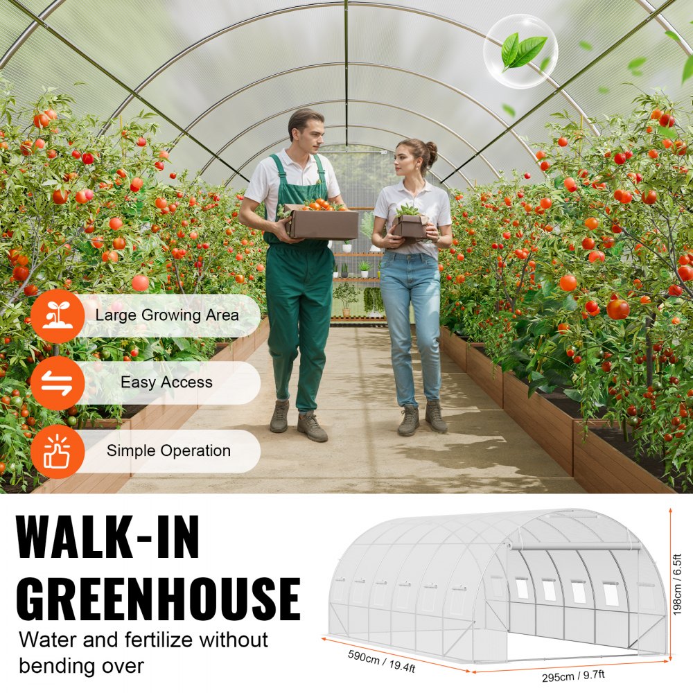 VEVOR Walk-in Tunnel Greenhouse 19.36x9.68x6.5ft Galvanized Frame PE Cover White 