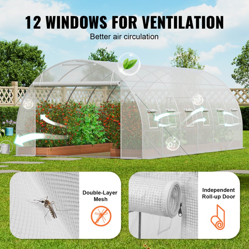 VEVOR Walk-in Tunnel Greenhouse 19.36x9.68x6.5ft Galvanized Frame PE Cover White 