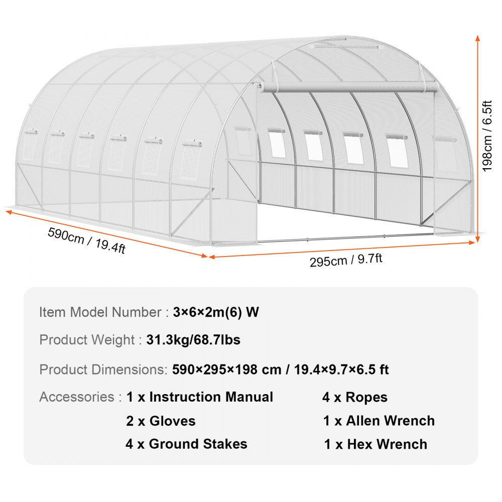VEVOR Walk-in Tunnel Greenhouse 19.36x9.68x6.5ft Galvanized Frame PE Cover White 
