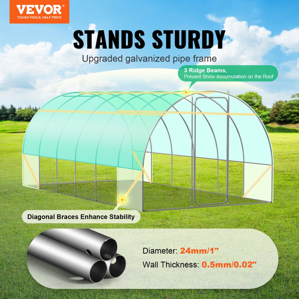 VEVOR Walk-in Tunnel Greenhouse 19.36x9.68x7.4ft Galvanized Frame PE Cover Green 