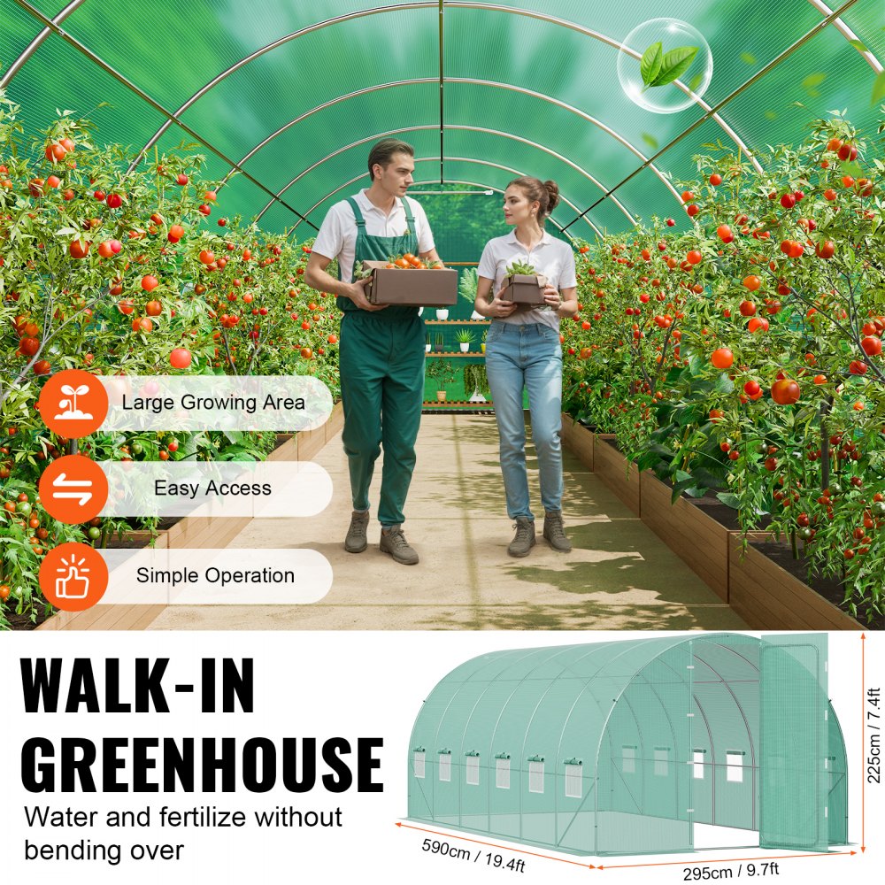 VEVOR Walk-in Tunnel Greenhouse 19.36x9.68x7.4ft Galvanized Frame PE Cover Green 