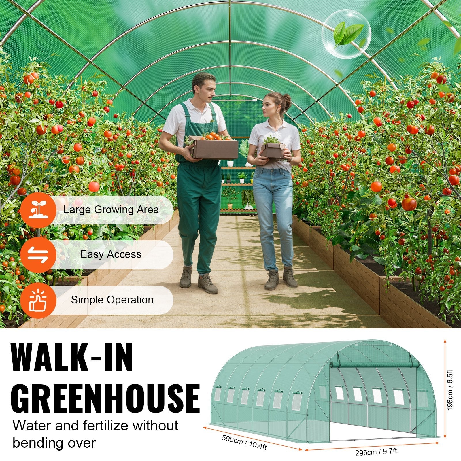 VEVOR Walk-in Tunnel Greenhouse 19.36x9.68x6.5ft Galvanized Frame PE Cover Green 