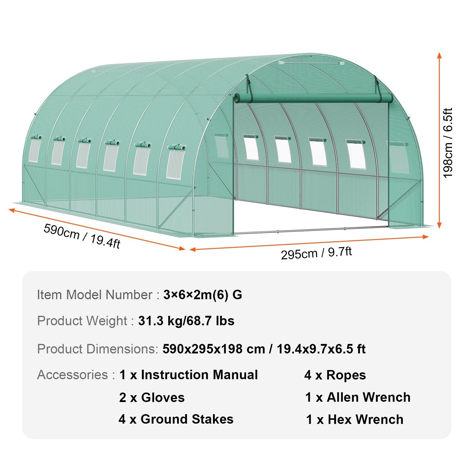 VEVOR Walk-in Tunnel Greenhouse 19.36x9.68x6.5ft Galvanized Frame PE Cover Green 