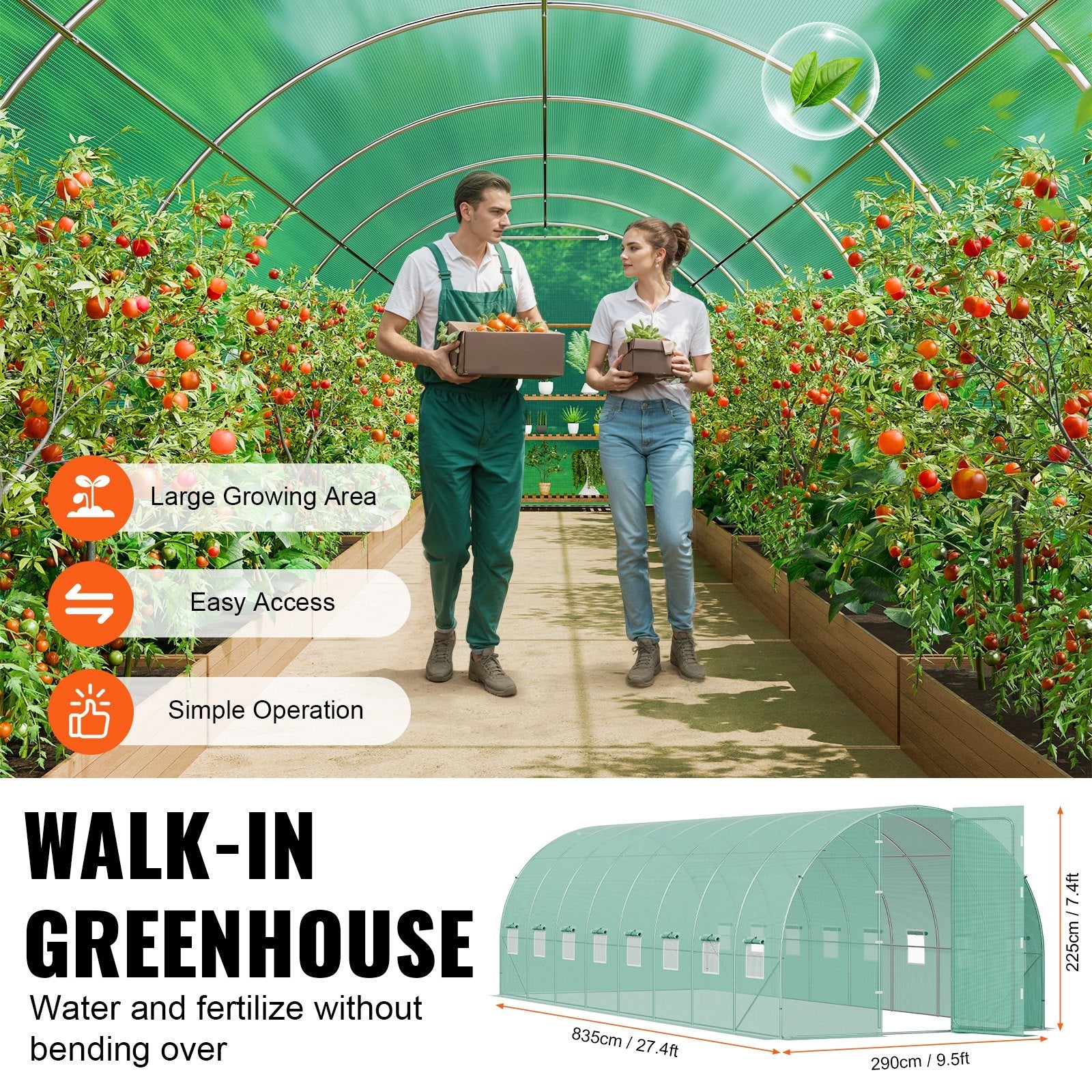 VEVOR Walk-in Tunnel Greenhouse 27.38x9.5x7.38ft Galvanized Frame PE Cover Green 