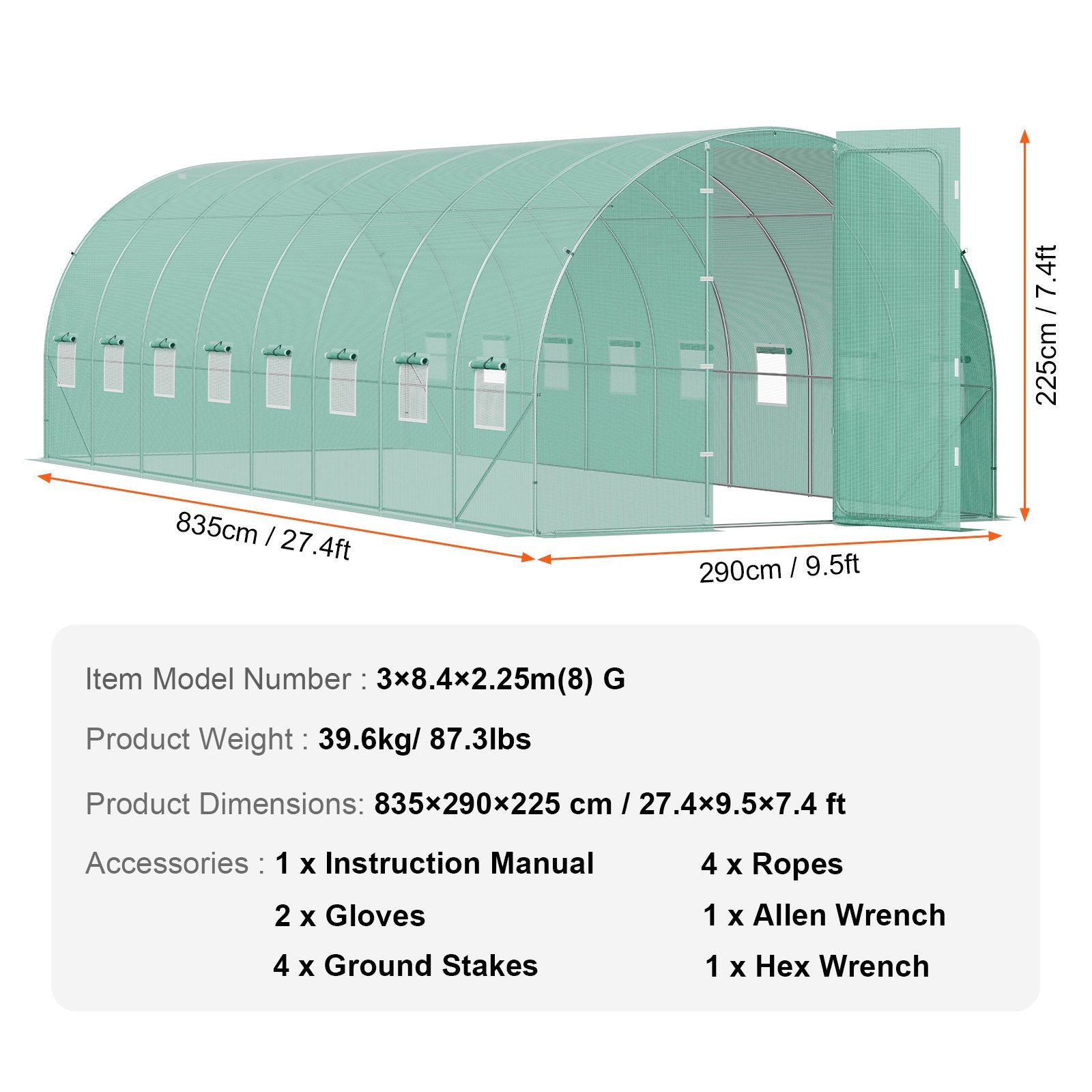 VEVOR Walk-in Tunnel Greenhouse 27.38x9.5x7.38ft Galvanized Frame PE Cover Green 