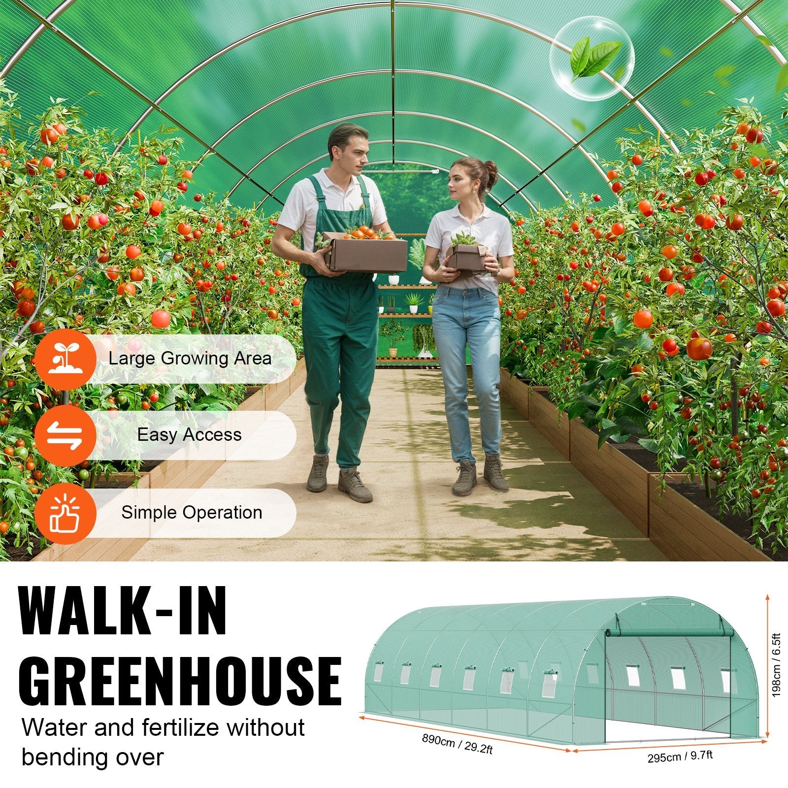 VEVOR Walk-in Tunnel Greenhouse 29.2x9.7x6.5ft Galvanized Frame PE Cover Green 