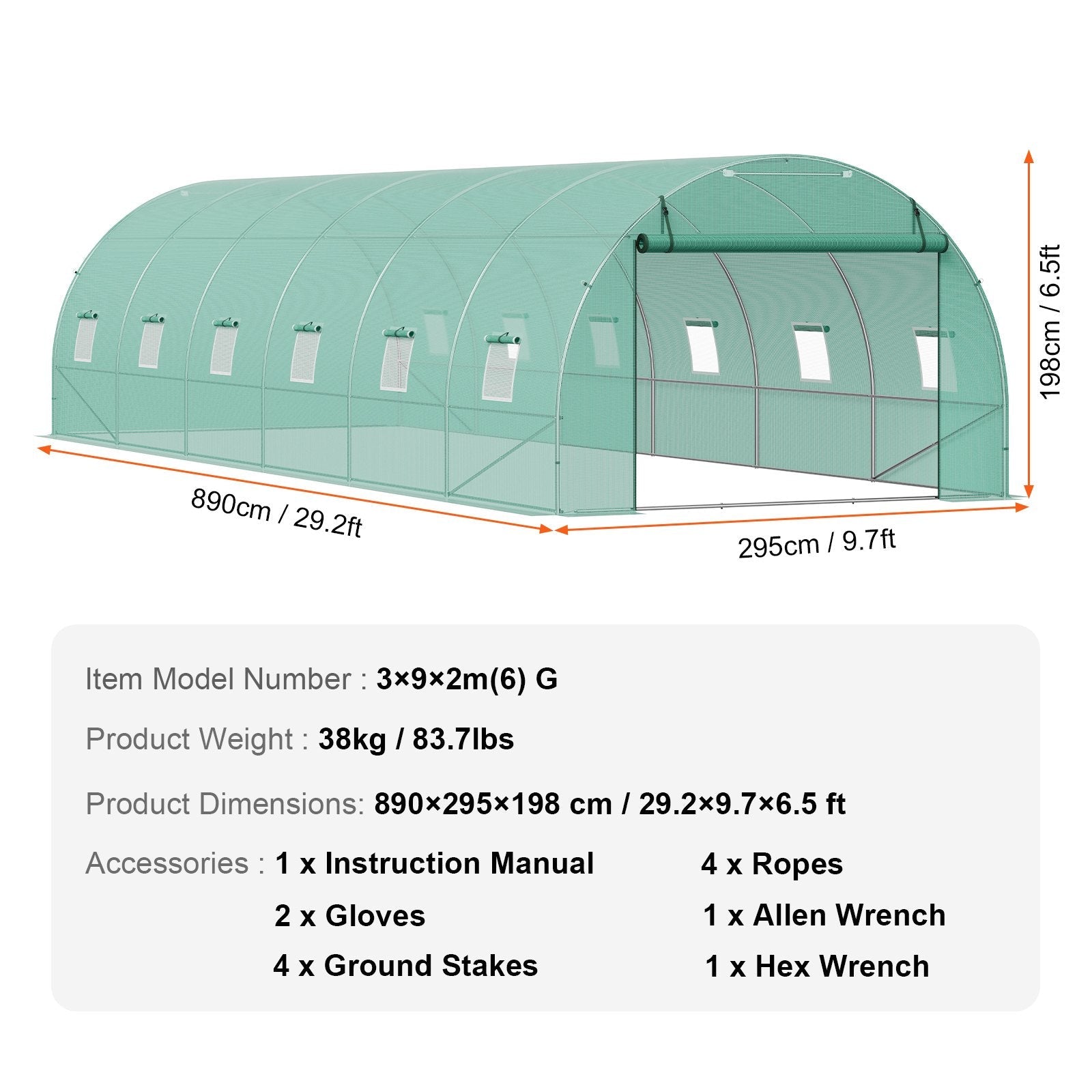 VEVOR Walk-in Tunnel Greenhouse 29.2x9.7x6.5ft Galvanized Frame PE Cover Green 