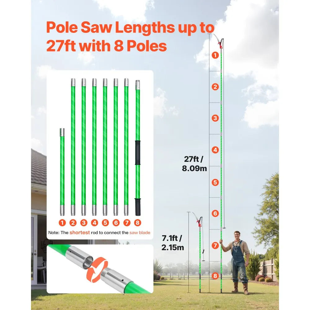 27 ft Extendable Manual Pole Saw with Fiberglass Handle, High Reach Tree Pruner – Standard or with Pruning Scissors